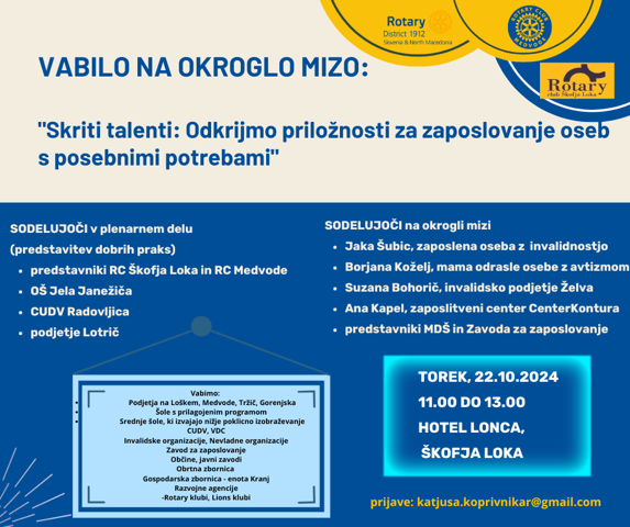 VABILO NA OKROGLO MIZO: “Skriti talenti: Odkrijmo priložnosti za zaposlovanje oseb s posebnimi potrebami”.